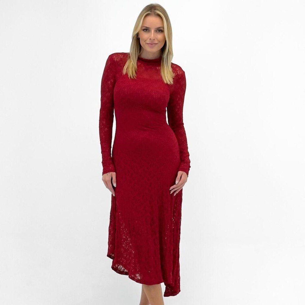Vestido Bana Bana Assimétrico Midi em Renda Manga Longa Feminino
