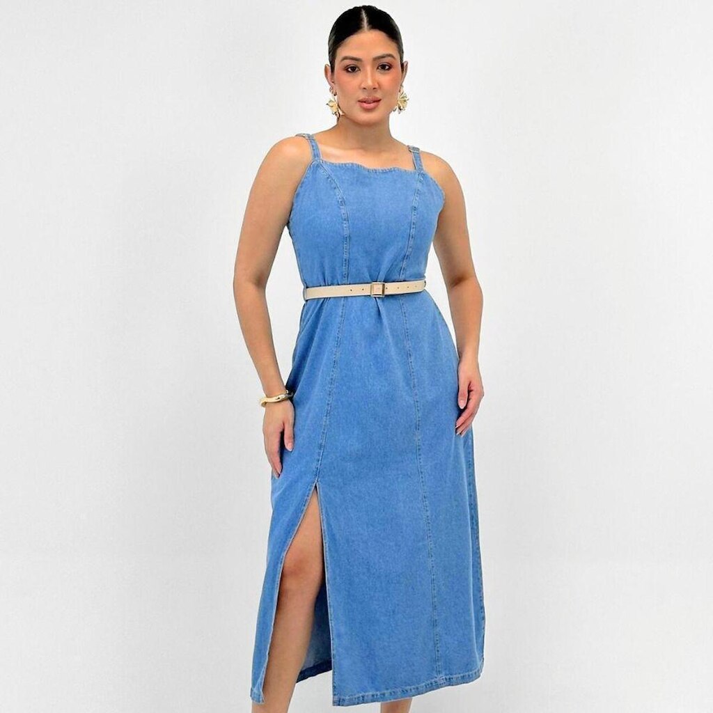 Vestido Bana Bana Jeans Midi com Cinto Feminino