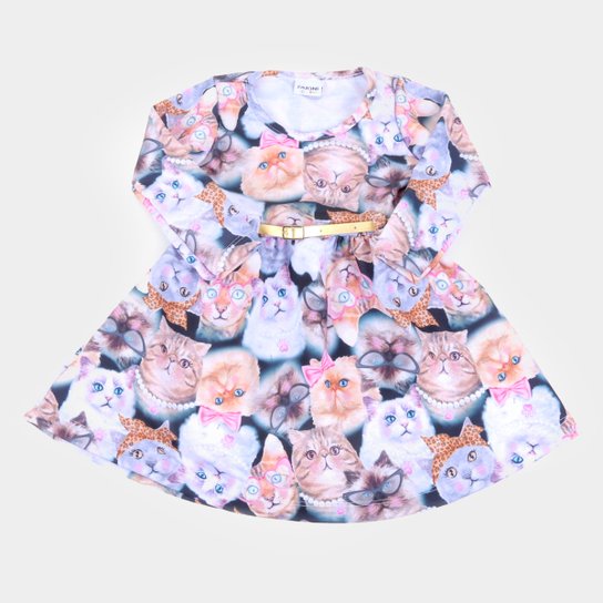 Vestido Bebê Fakini Manga Longa Molecotton Gatinhos + Cinto - Preto
