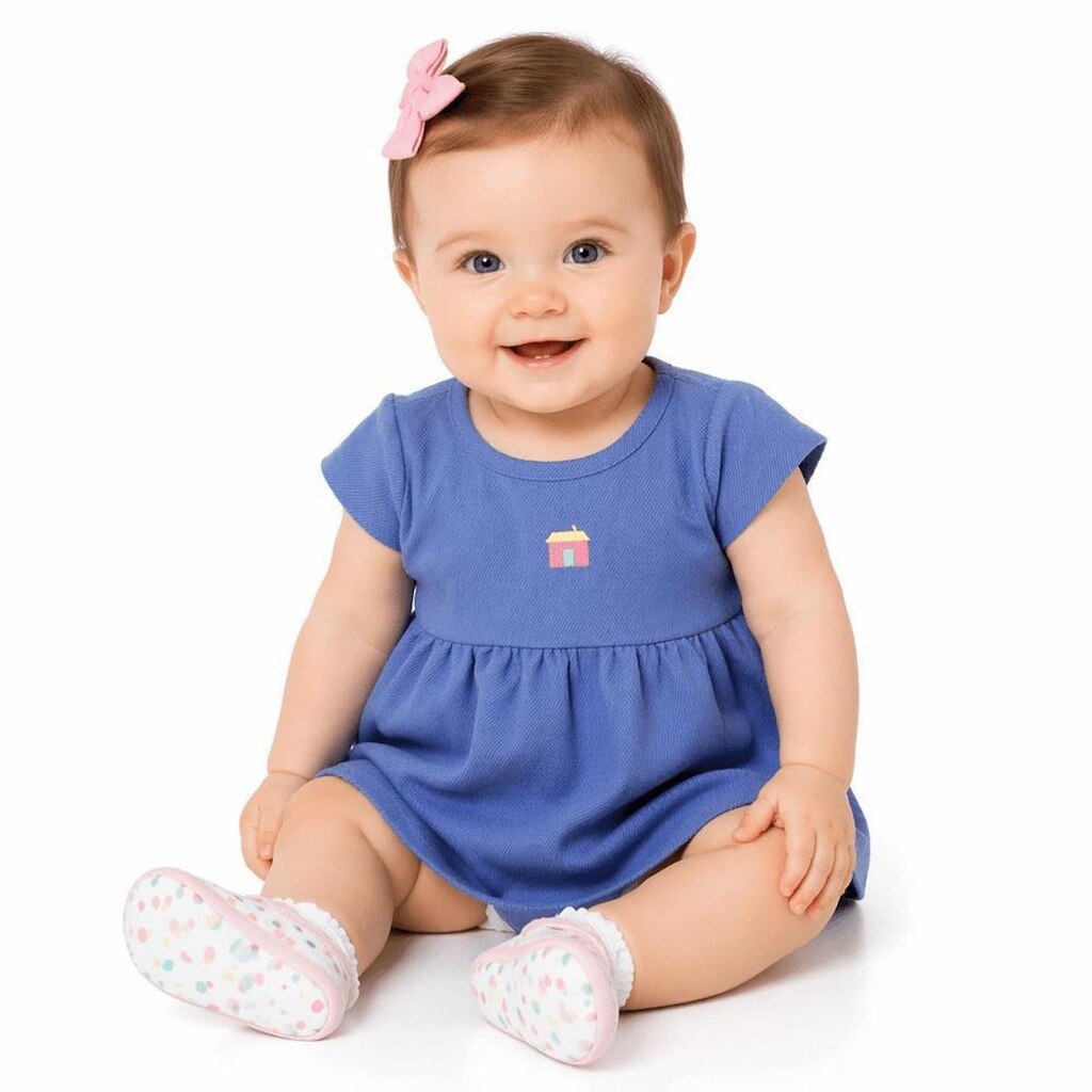 Vestido Bebê Menina Casinhas Micro Azul Alphabeto