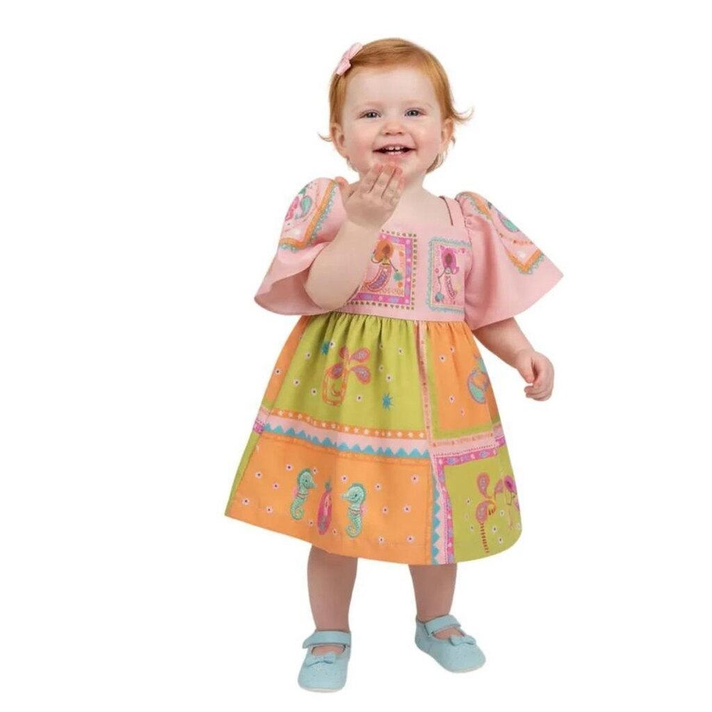 Vestido Bebê Menina Love Verão Alphabeto Rosa e Laranja