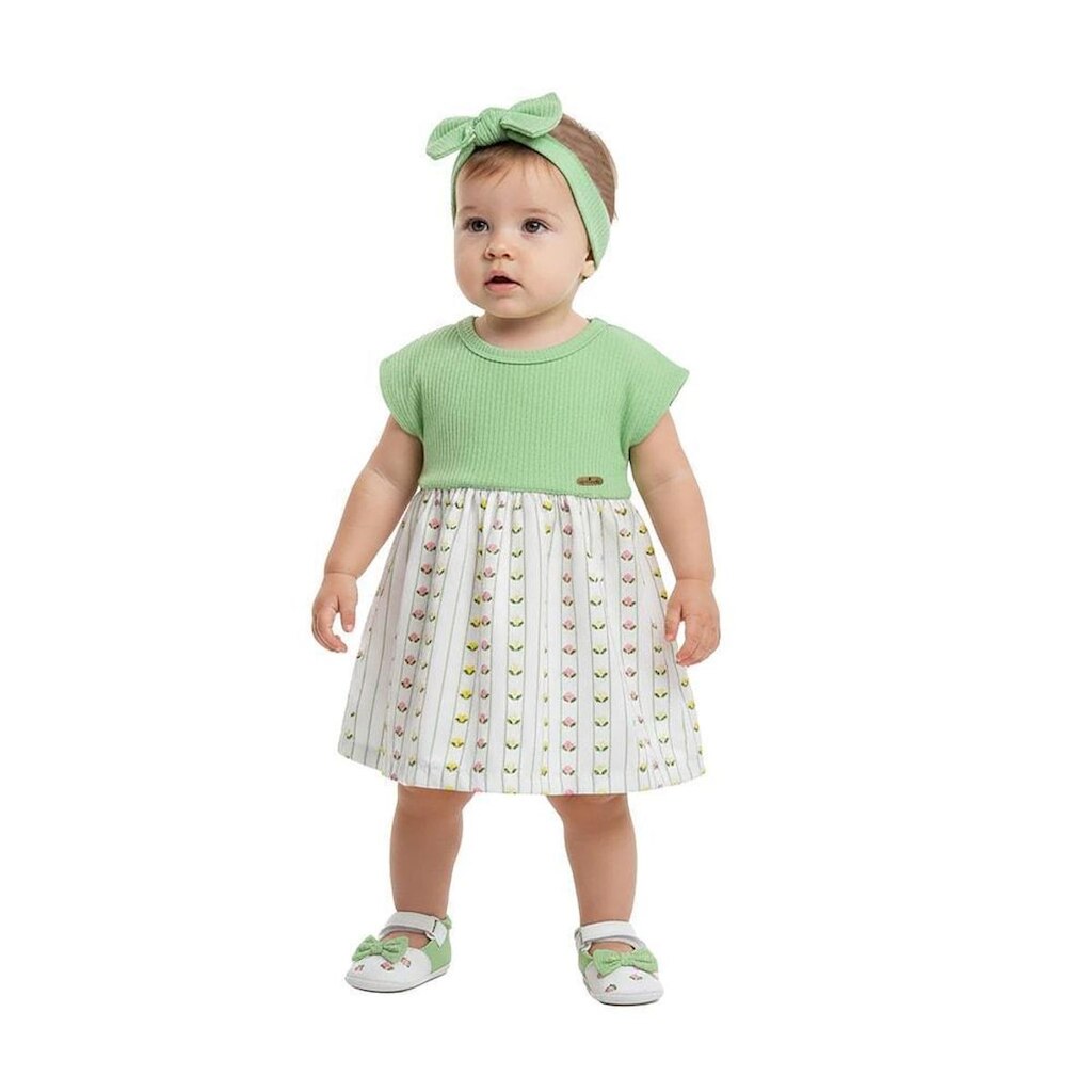 Vestido Bebê Menina Onda de Flores Alphabeto Pistache e Off