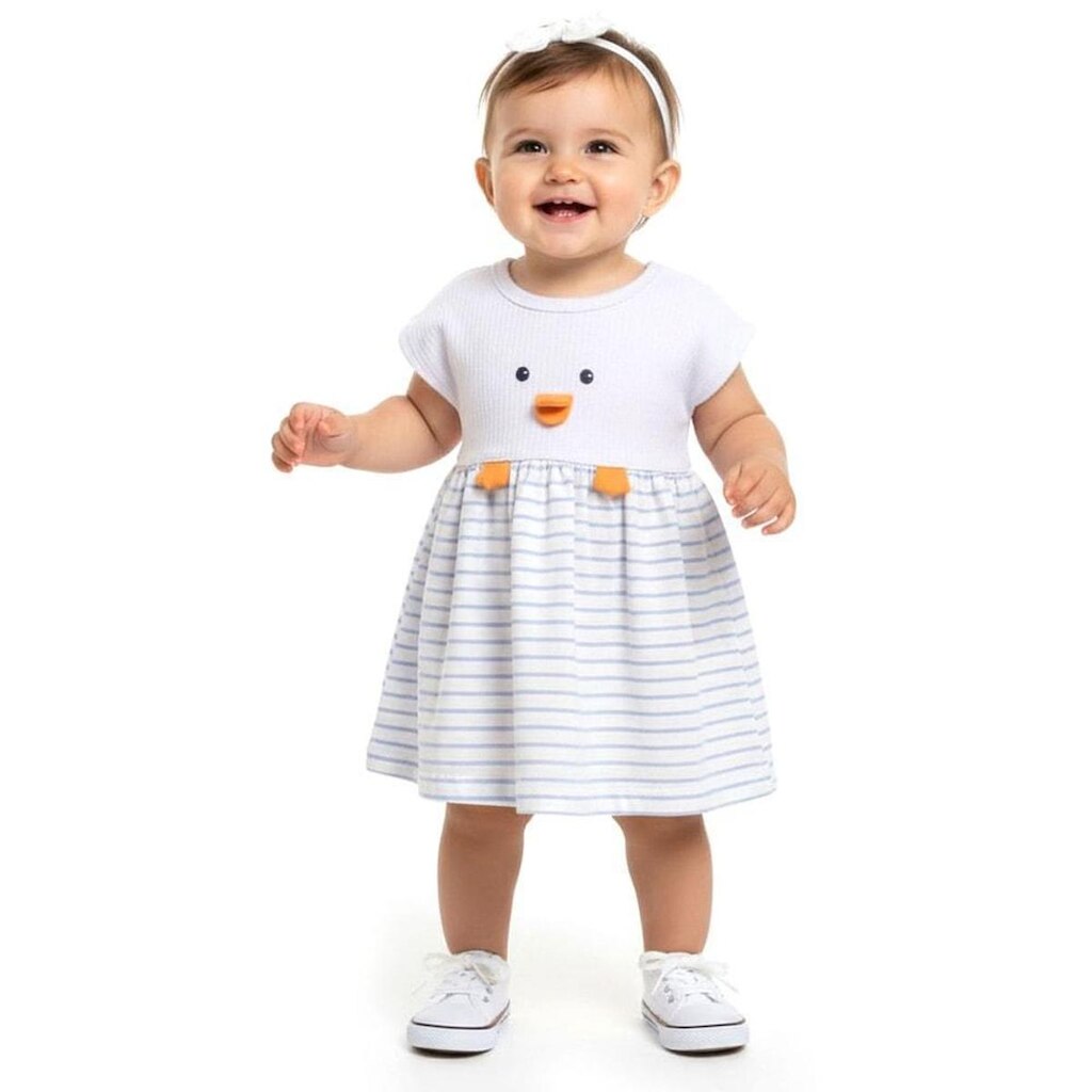 Vestido Bebê Menina Vestorinho Alphabeto Branco e Azul