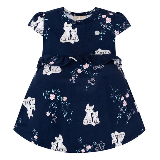 Vestido Bebê Milon Com Body Interno E Babado Cat - Marinho