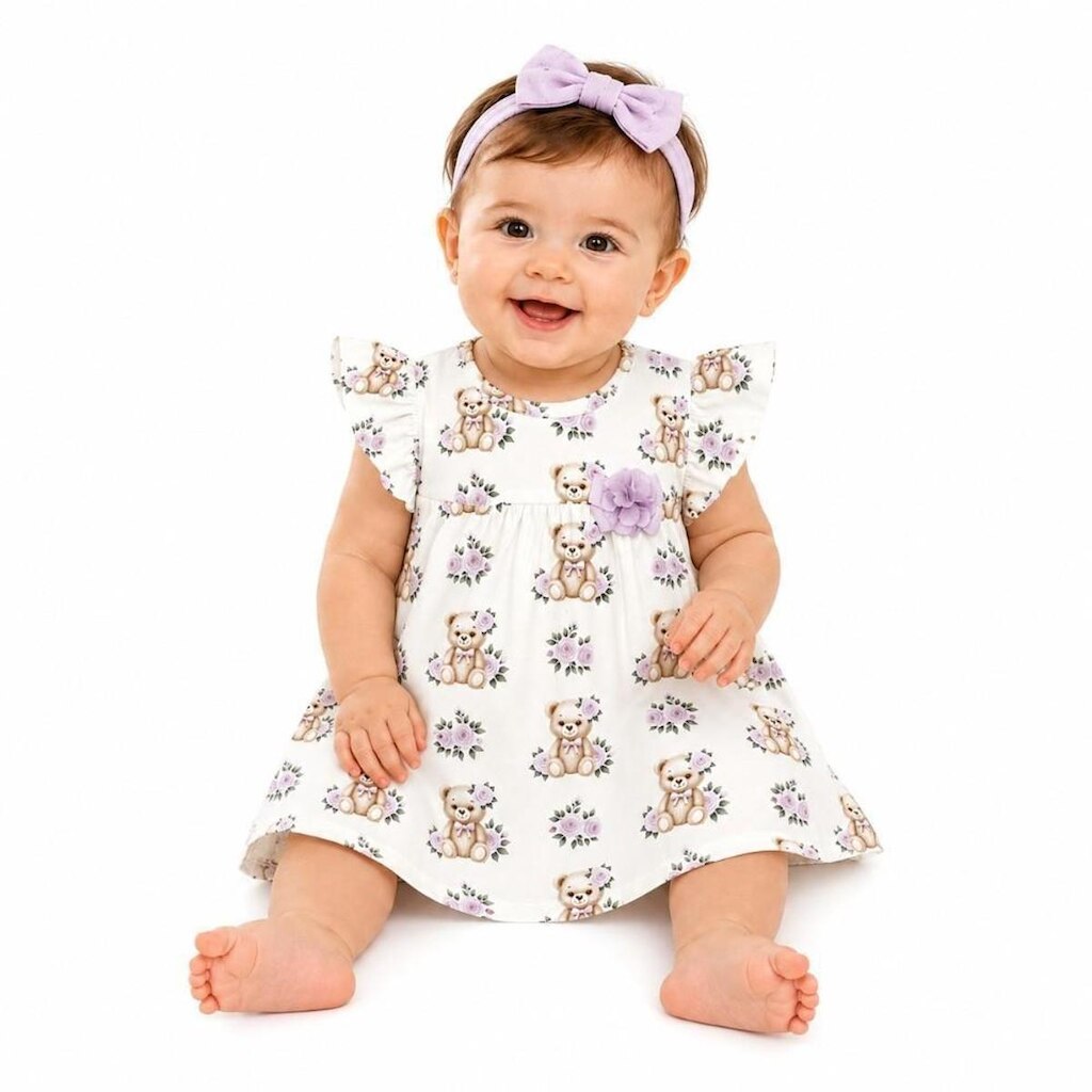 Vestido Bebê Ursinhos e Flores Cotton Milon