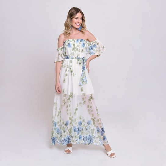 Vestido Bisô Ciganinha Longo Floral Branco/Azul - Azul