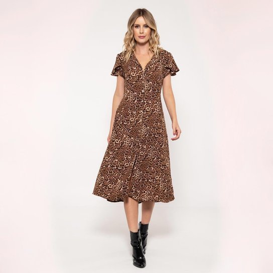 Vestido Bisô Midi Estampado Feminino - Marrom