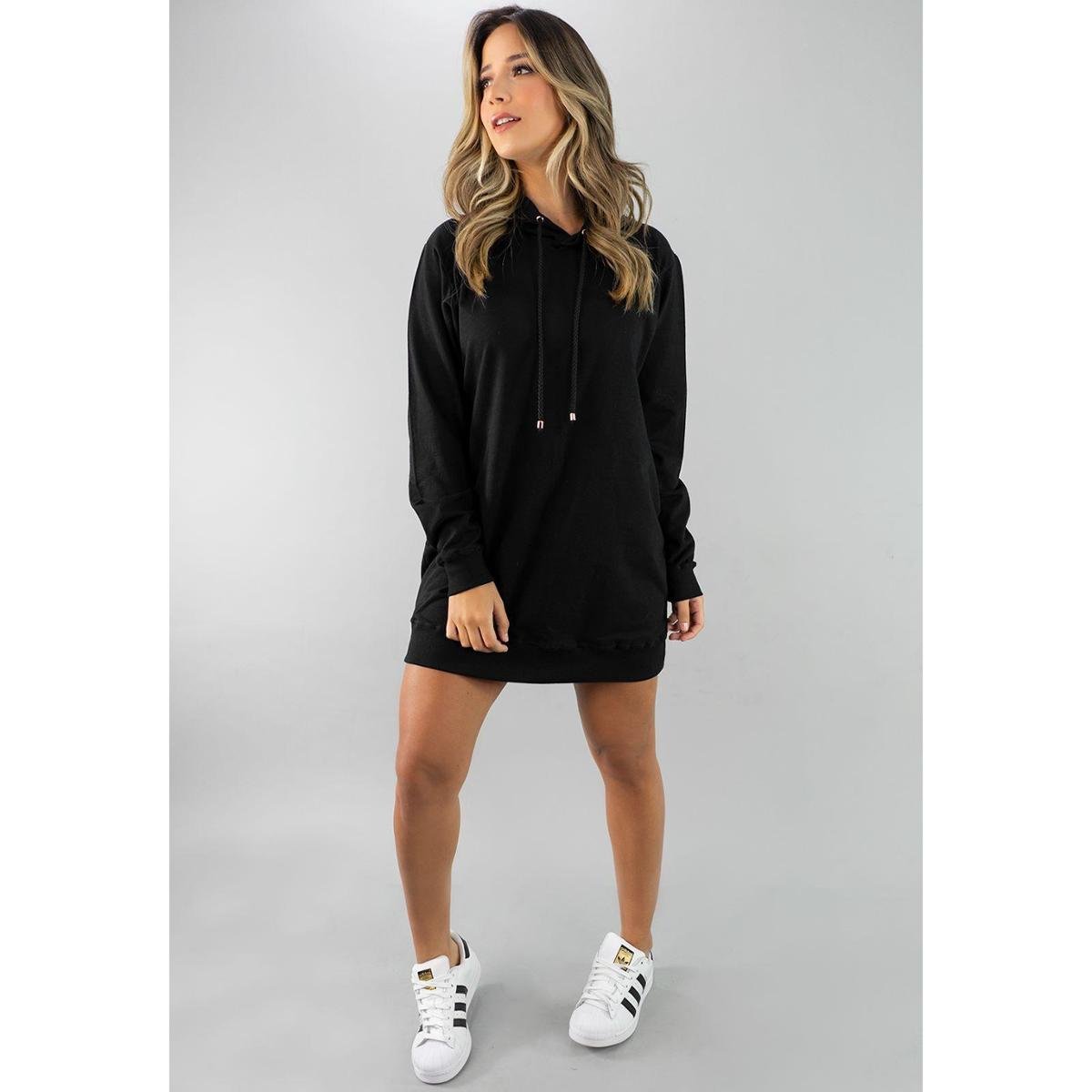Vestido Blusão Curto Com Capuz Manga Longa Comprida Moletinho Moda Feminina Inverno - Preto Menor preço em Vestido Blusão Curto Com Capuz Manga Longa Comprida Moletinho Moda Feminina Inverno - Preto
