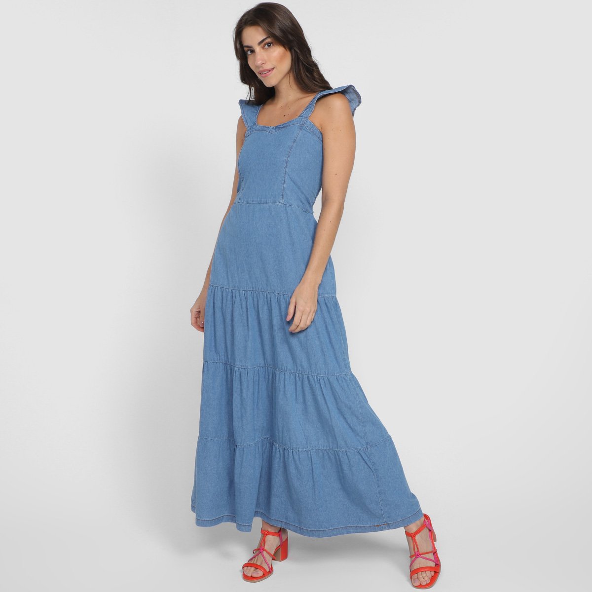 Vestido Cambos Longo Alças Babado Três Marias - Azul Menor preço em Vestido Cambos Longo Alças Babado Três Marias - Azul