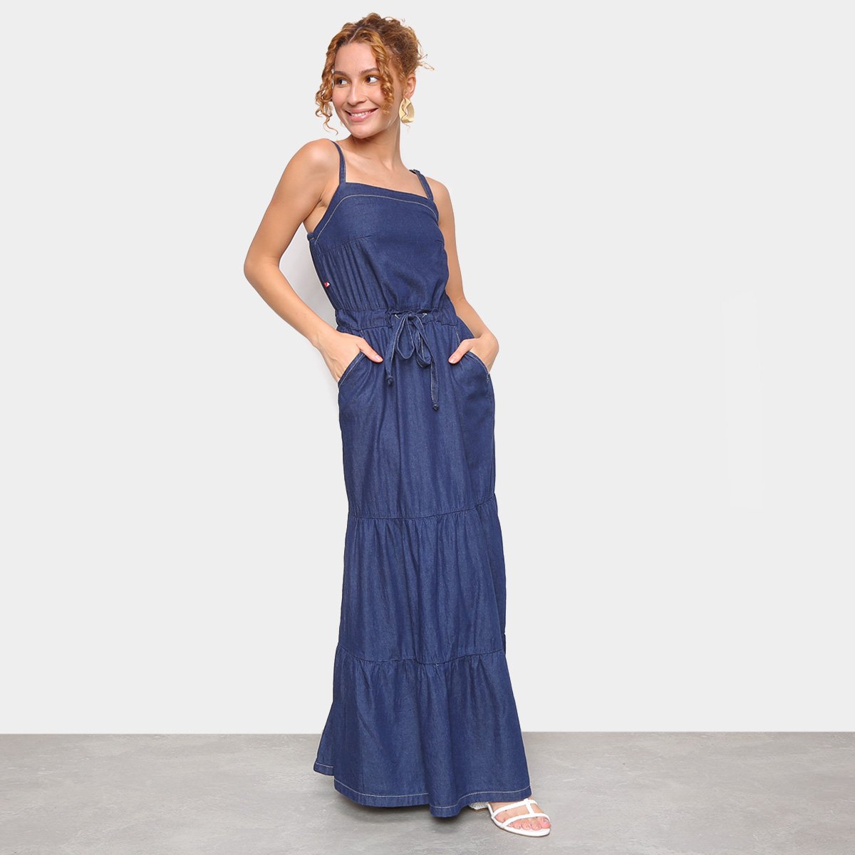 Vestido Cambos Longo Com Bolso E Amarração Na Cintura - Azul Menor preço em Vestido Cambos Longo Com Bolso E Amarração Na Cintura - Azul