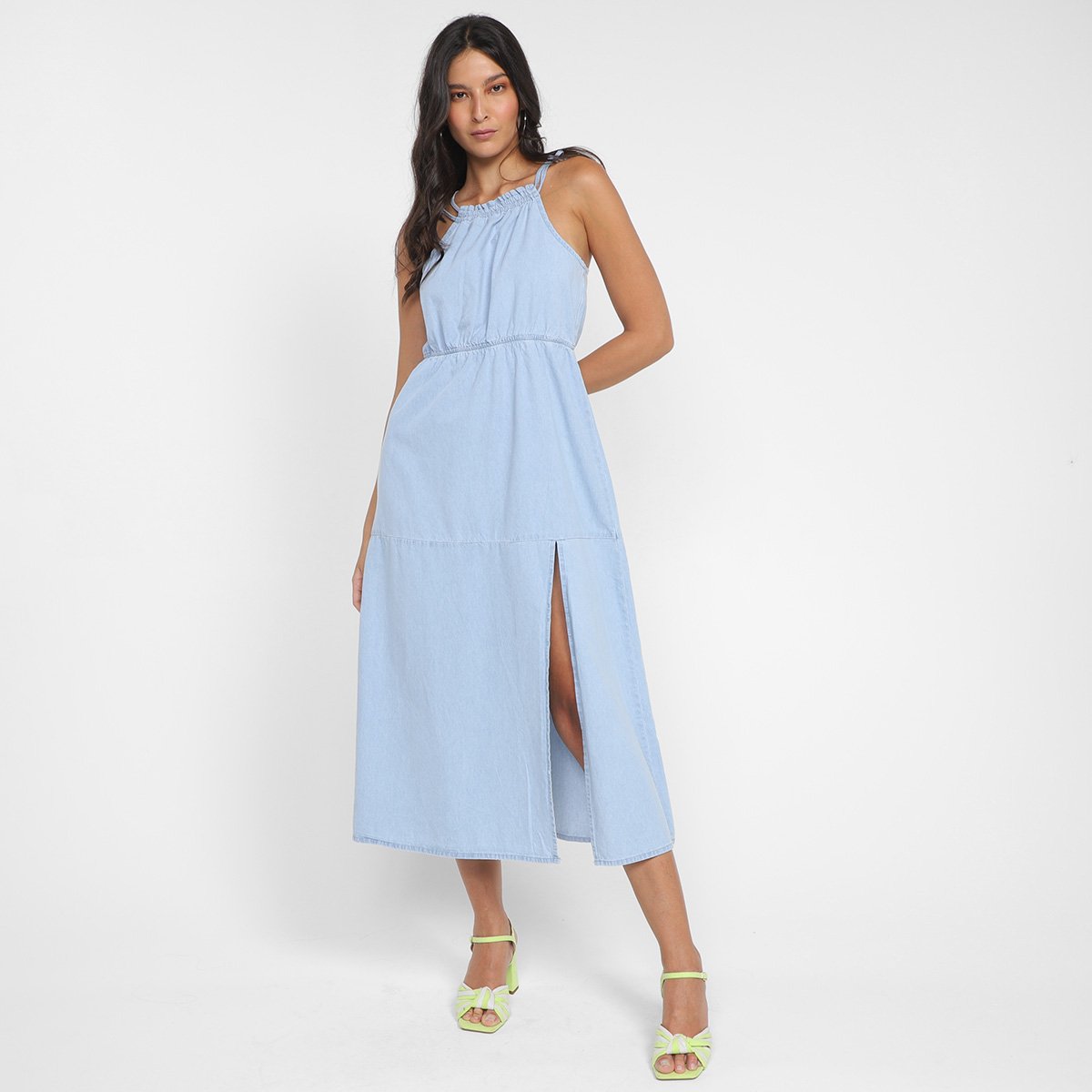 Vestido Cambos Longo Com Fenda E Canaleta - Azul Menor preço em Vestido Cambos Longo Com Fenda E Canaleta - Azul