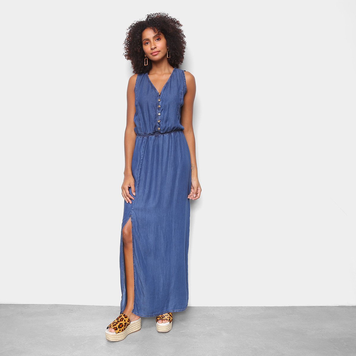 Vestido Cambos Longo Elástico E Fenda - Azul Menor preço em Vestido Cambos Longo Elástico E Fenda - Azul
