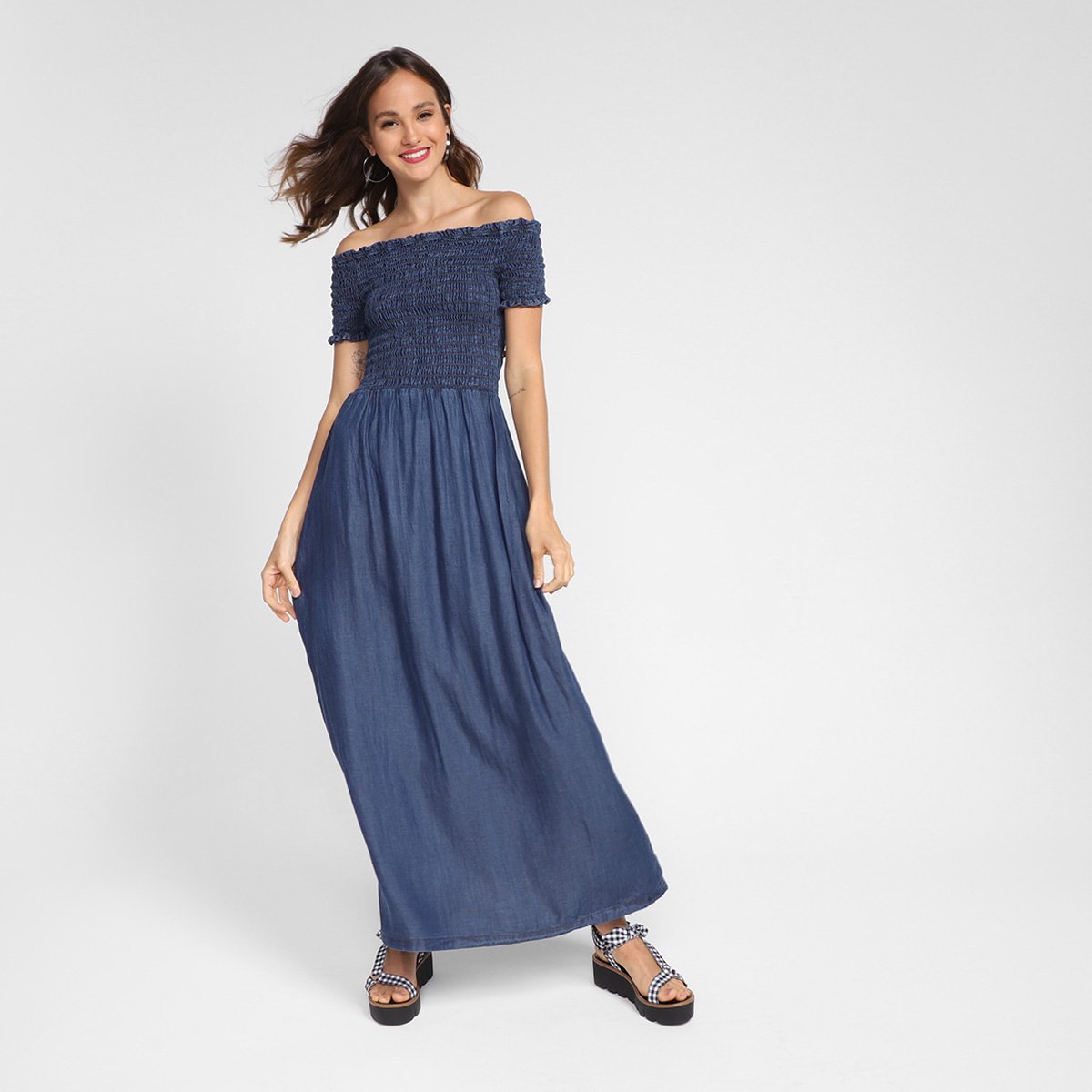 Vestido Cambos Longo Ombro a Ombro Elastex - Azul Menor preço em Vestido Cambos Longo Ombro a Ombro Elastex - Azul