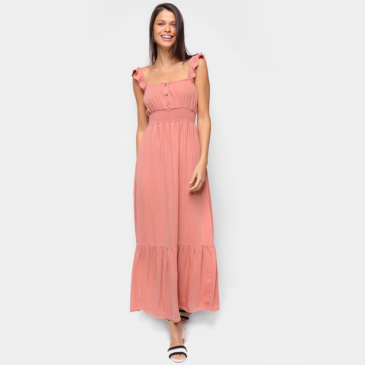 Vestido Cambos Midi Longo Babados - Rosa Menor preço em Vestido Cambos Midi Longo Babados - Rosa