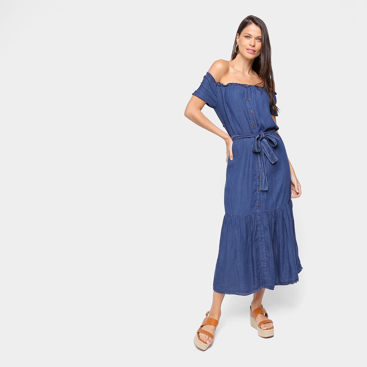 Vestido Cambos Midi Longo Ombro A Ombro Com Amarração - Azul Escuro Menor preço em Vestido Cambos Midi Longo Ombro A Ombro Com Amarração - Azul Escuro