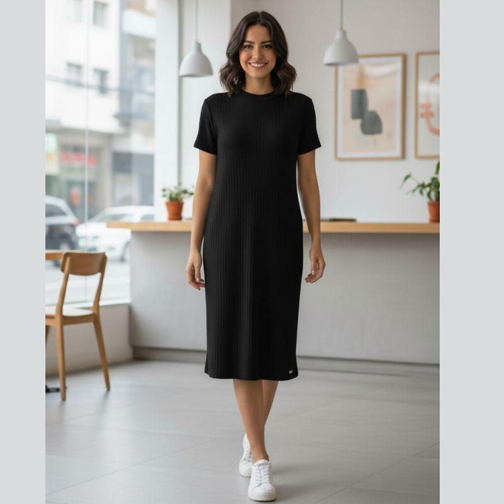 Vestido Canelado Curto com Manga Curta e Gola Redonda Cereja Rosa