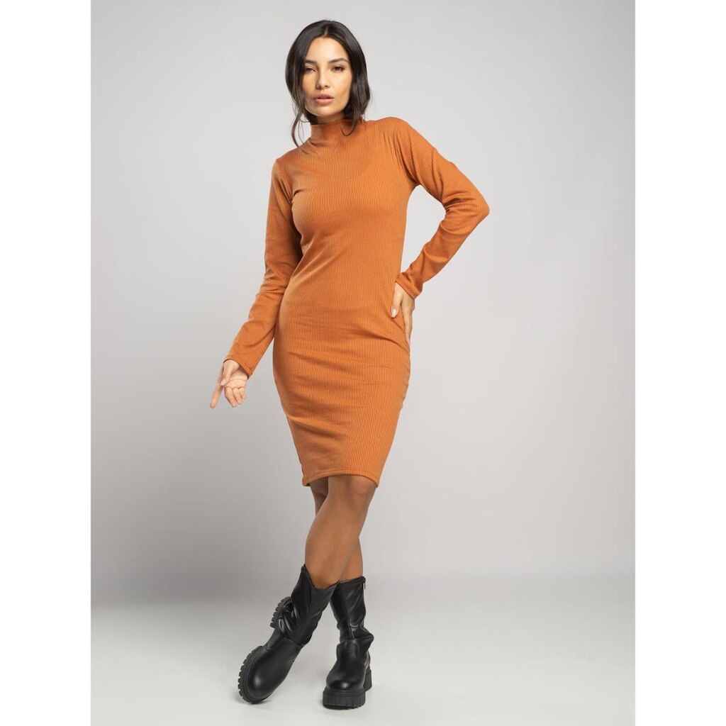 Vestido Canelado Gola Alta Manga Longa Feminino