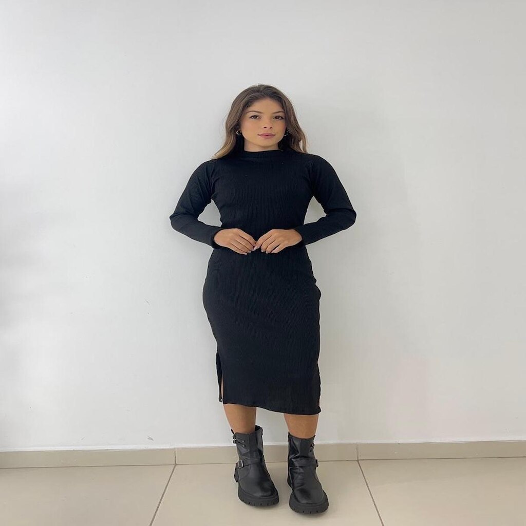 Vestido Canelado Manga Longa Midi Preto