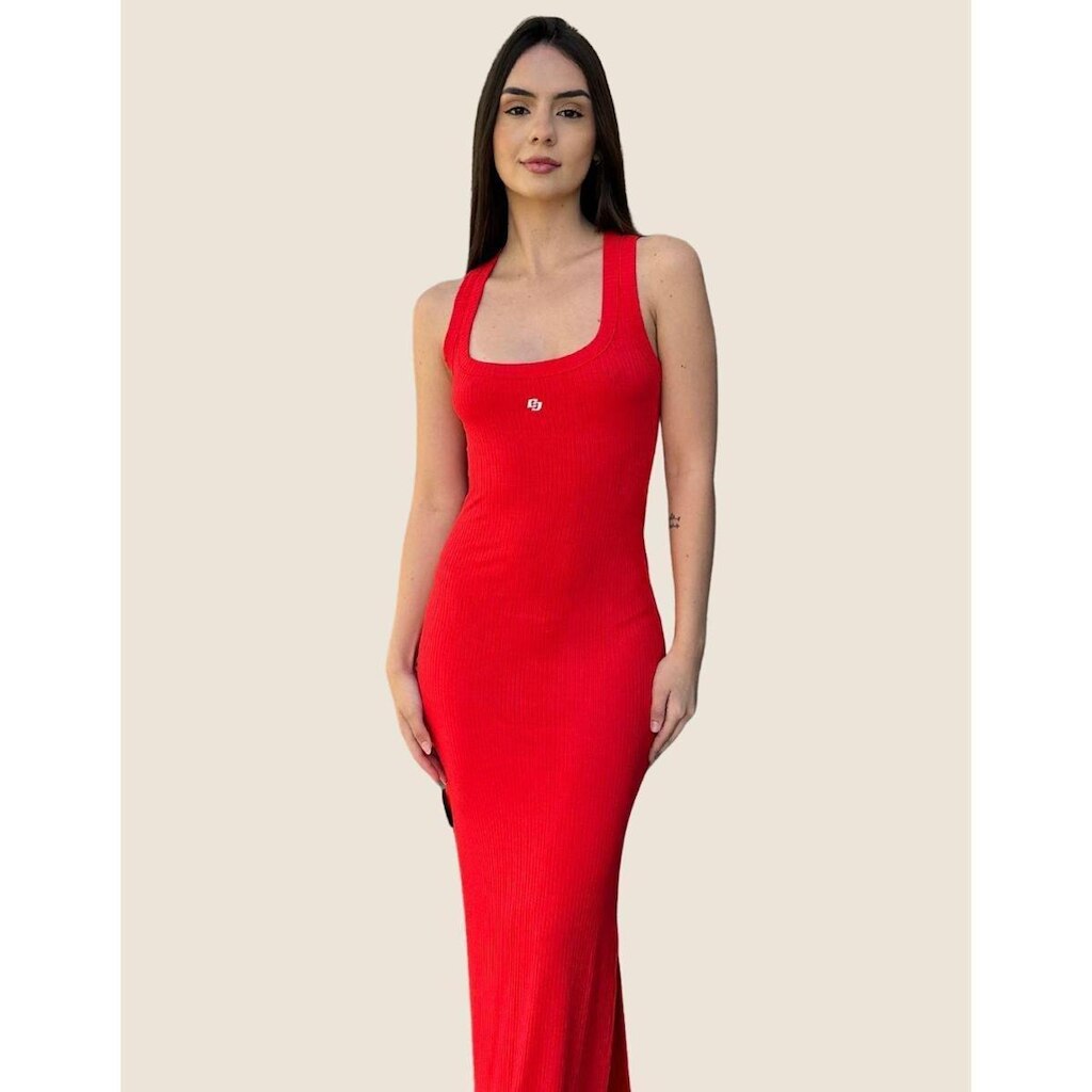 Vestido Canelado Midi Com Fenda Colcci