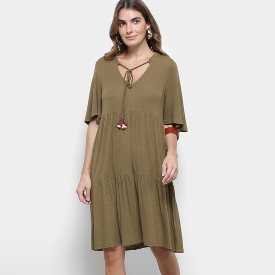 Vestido Cantão Evasê Curto Boho Decote V Amarração - Verde escuro