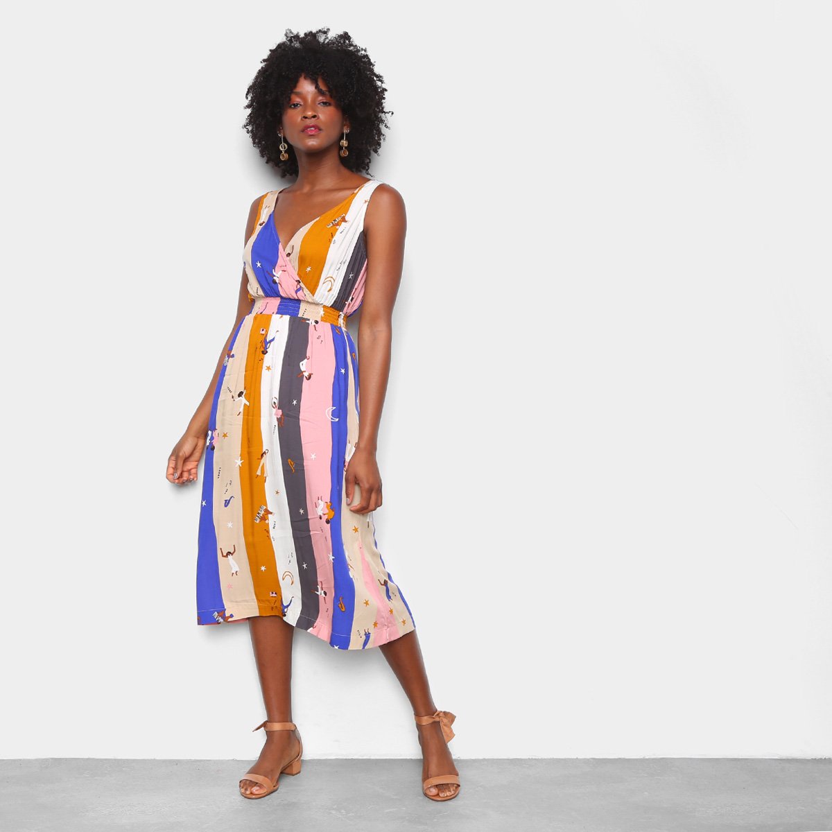 Vestido Cantão Midi Estampa Disco - Azul+Bege Menor preço em Vestido Cantão Midi Estampa Disco - Azul+Bege