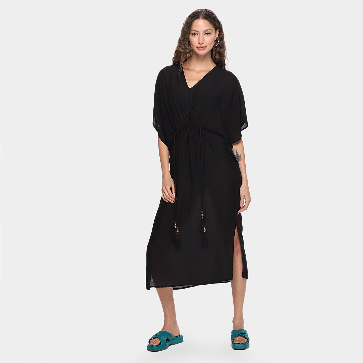 Vestido Cantão Midi Kaftan Lisa - Preto Menor preço em Vestido Cantão Midi Kaftan Lisa - Preto