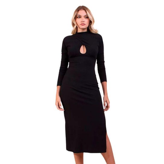 Vestido Casual Canelado Midi Manga Longa Estilo