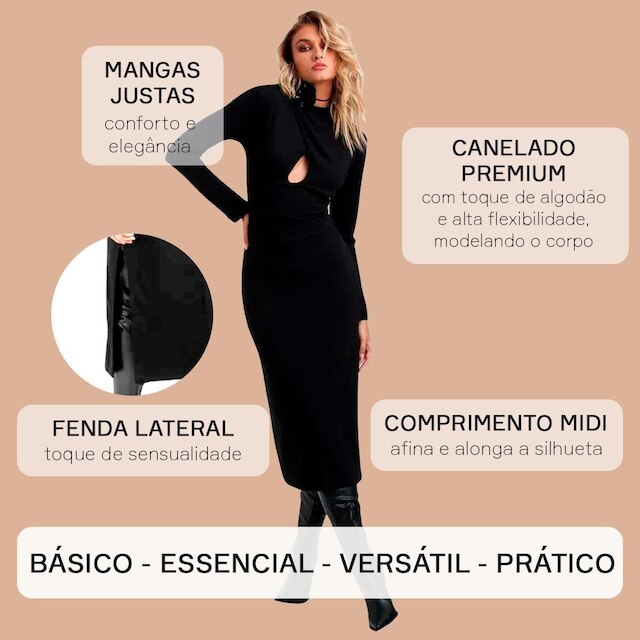 Vestido Casual Canelado Midi Manga Longa Estilo