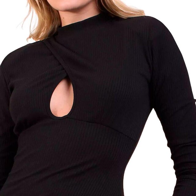 Vestido Casual Canelado Midi Manga Longa Estilo