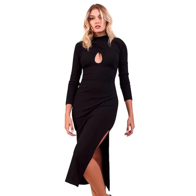 Vestido Casual Canelado Midi Manga Longa Estilo
