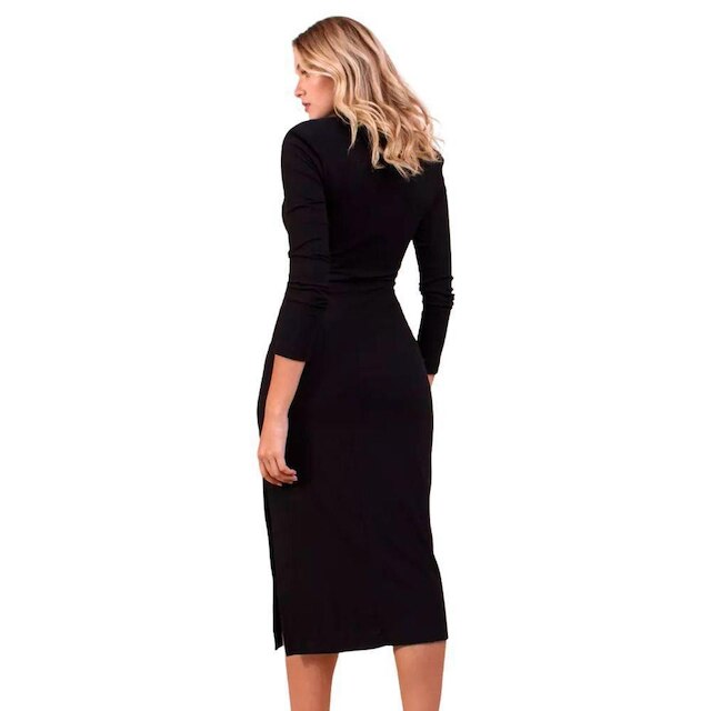 Vestido Casual Canelado Midi Manga Longa Estilo