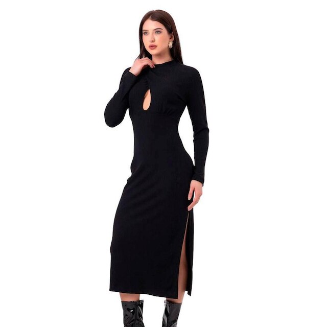 Vestido Casual Canelado Midi Manga Longa Estilo