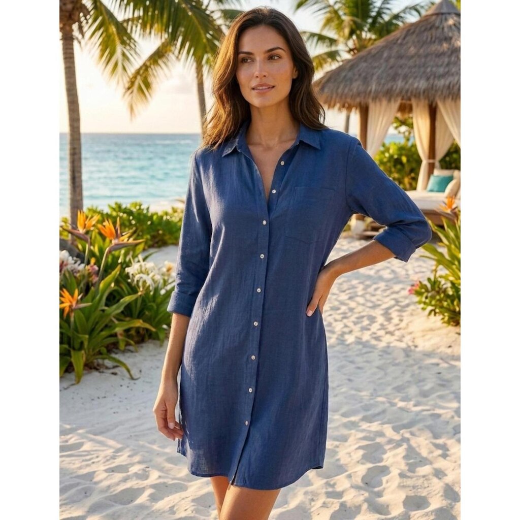 Vestido Chemise Feminino Branco Saída de Praia Manga Longa Verão Botões Moda Praia Premium