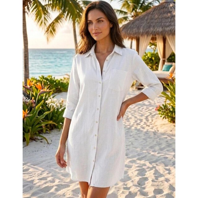 Vestido Chemise Feminino Branco Saída de Praia Manga Longa Verão Botões Moda Praia Premium
