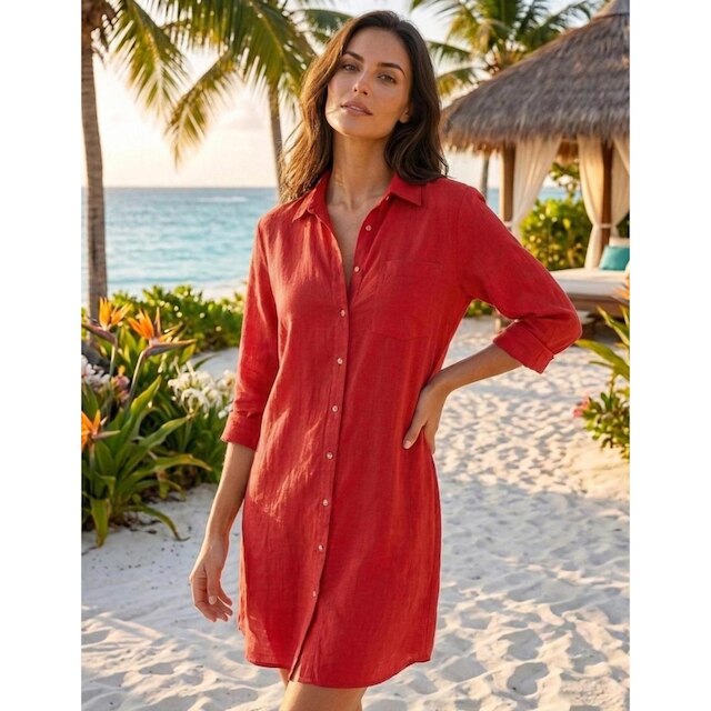Vestido Chemise Feminino Branco Saída de Praia Manga Longa Verão Botões Moda Praia Premium