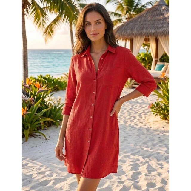 Vestido Chemise Feminino Branco Saída de Praia Manga Longa Verão Botões Moda Praia Premium