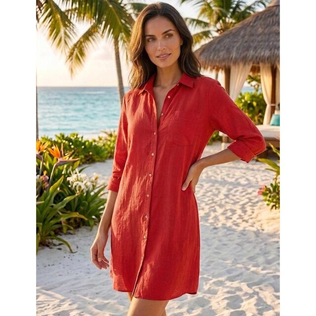 Vestido Chemise Feminino Branco Saída de Praia Manga Longa Verão Botões Moda Praia Premium