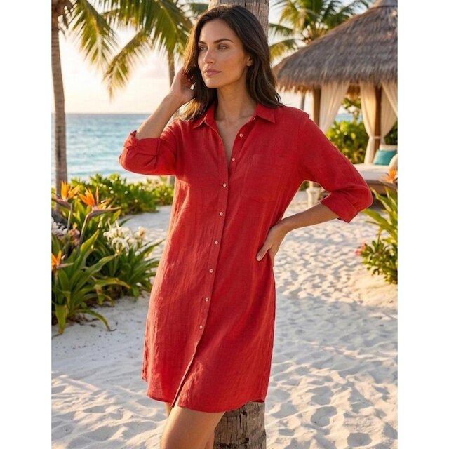 Vestido Chemise Feminino Branco Saída de Praia Manga Longa Verão Botões Moda Praia Premium
