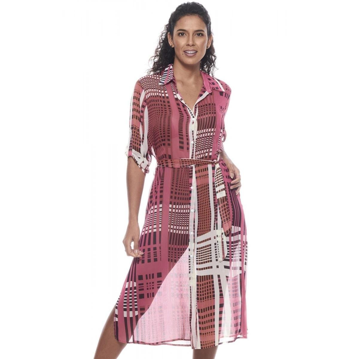 VESTIDO CHEMISE MIDI Mangas 3/4 Fendas e Cinto Faixa Crepe - Vermelho+Vinho Menor preço em VESTIDO CHEMISE MIDI Mangas 3/4 Fendas e Cinto Faixa Crepe - Vermelho+Vinho