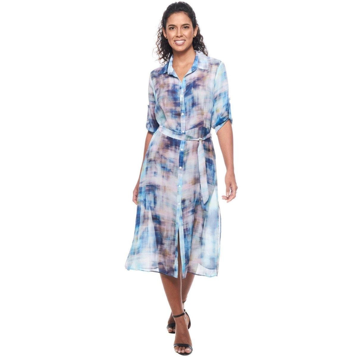 Menor preço em VESTIDO CHEMISE MIDI Mangas 3/4 Fendas e Cinto Faixa Crepe - Azul+Cinza