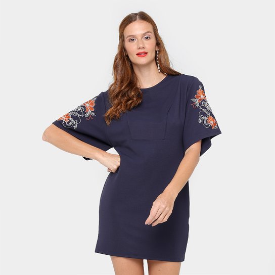 Vestido Colcci Curto Manga Morcego Bordado - Marinho