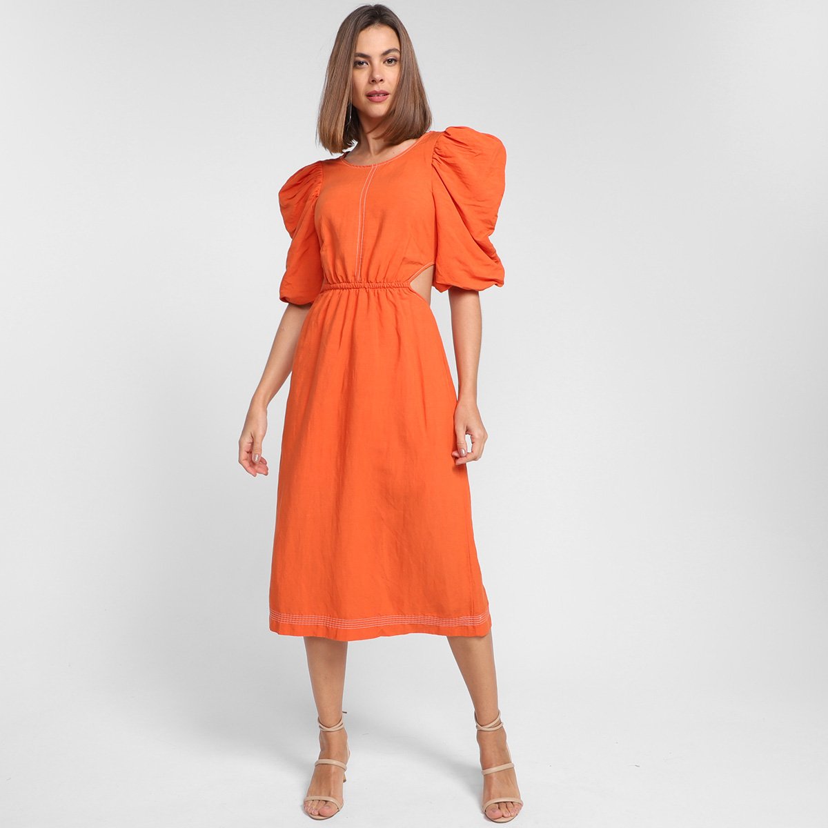 Vestido Colcci Evasê Midi Manga Bufante - Laranja Menor preço em Vestido Colcci Evasê Midi Manga Bufante - Laranja