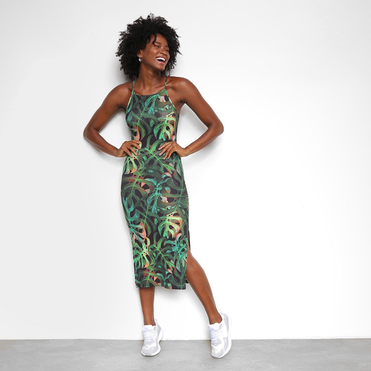 Vestido Colcci Midi Tubinho Canelado Floral Fendas - Preto+Amarelo Menor preço em Vestido Colcci Midi Tubinho Canelado Floral Fendas - Preto+Amarelo