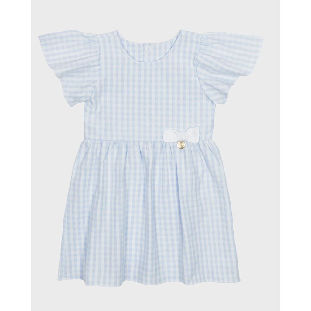 Vestido com mangas em babado laço xadrez exclusiva leve e estiloso - Rosa e Azul - Bebê 3 a 18 meses