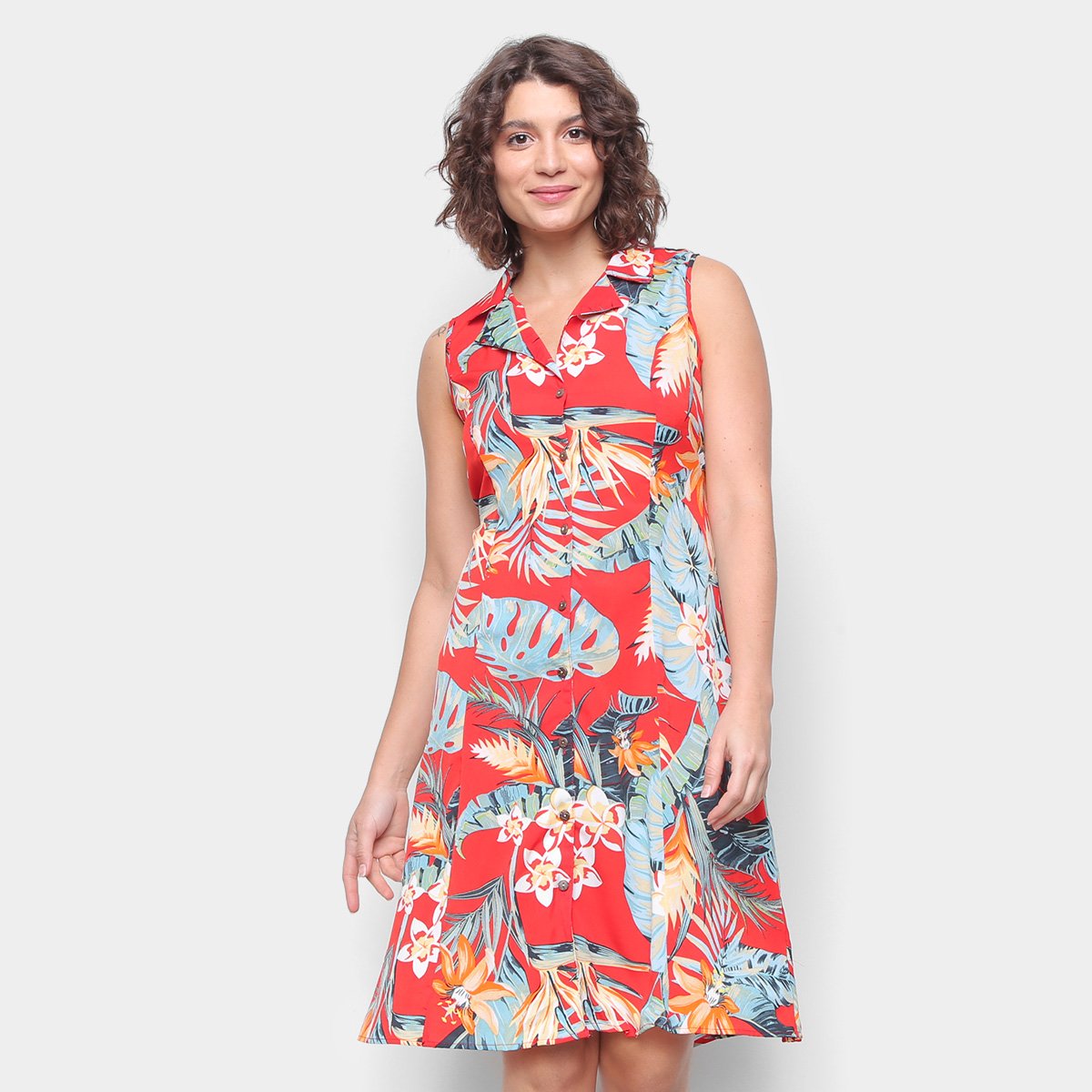 Vestido Curto Aishty Estampado Botões - Vermelho Menor preço em Vestido Curto Aishty Estampado Botões - Vermelho