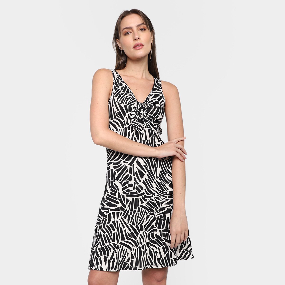 Vestido Curto Evasê Marialícia Estampado com Amarração Feminino - Preto Menor preço em Vestido Curto Evasê Marialícia Estampado com Amarração Feminino - Preto