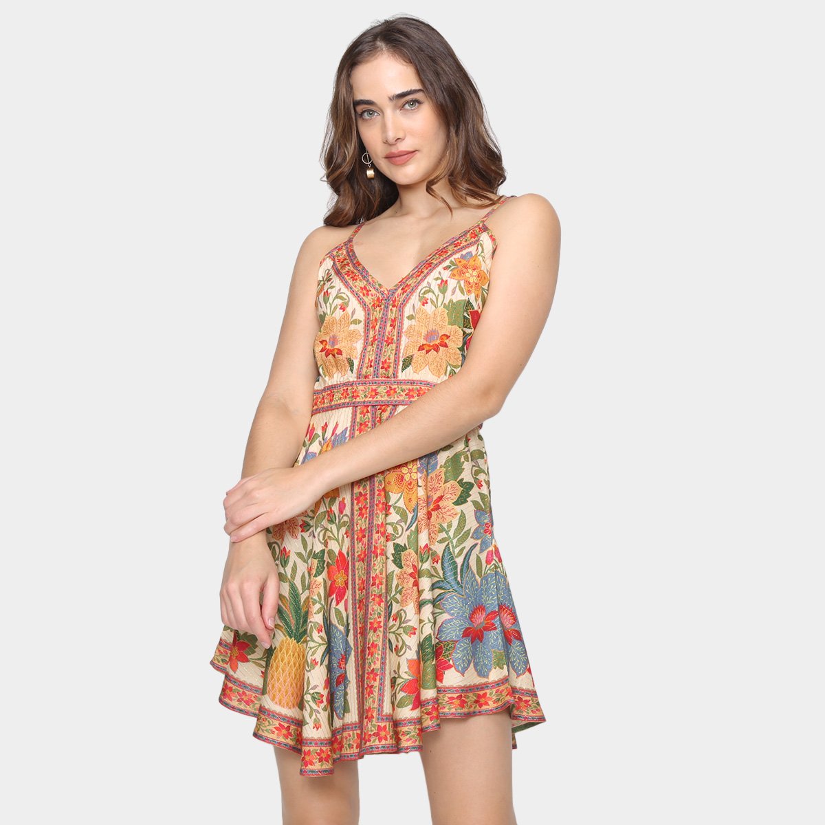 Vestido Curto Farm Babados Flor De Arara Feminino - Bege Menor preço em Vestido Curto Farm Babados Flor De Arara Feminino - Bege