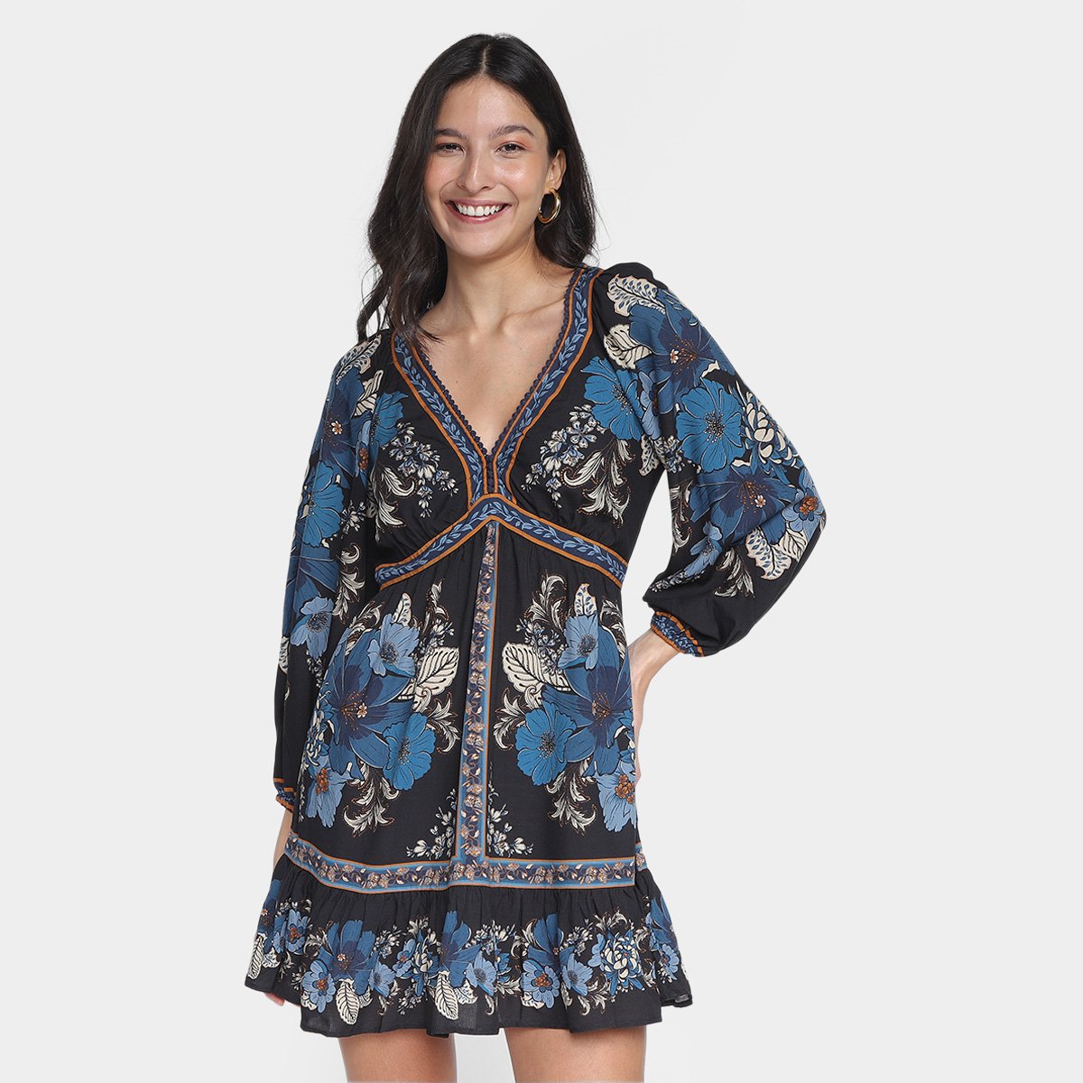 Vestido Curto Farm Dalia Lenço Manga Longa Feminino Zattini