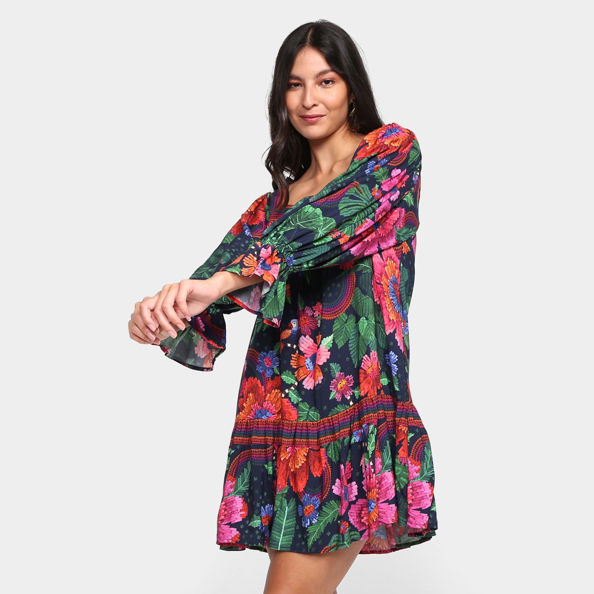 Vestido Curto Farm Florescer Manga Bufante Feminino - Rosa+Verde Menor preço em Vestido Curto Farm Florescer Manga Bufante Feminino - Rosa+Verde
