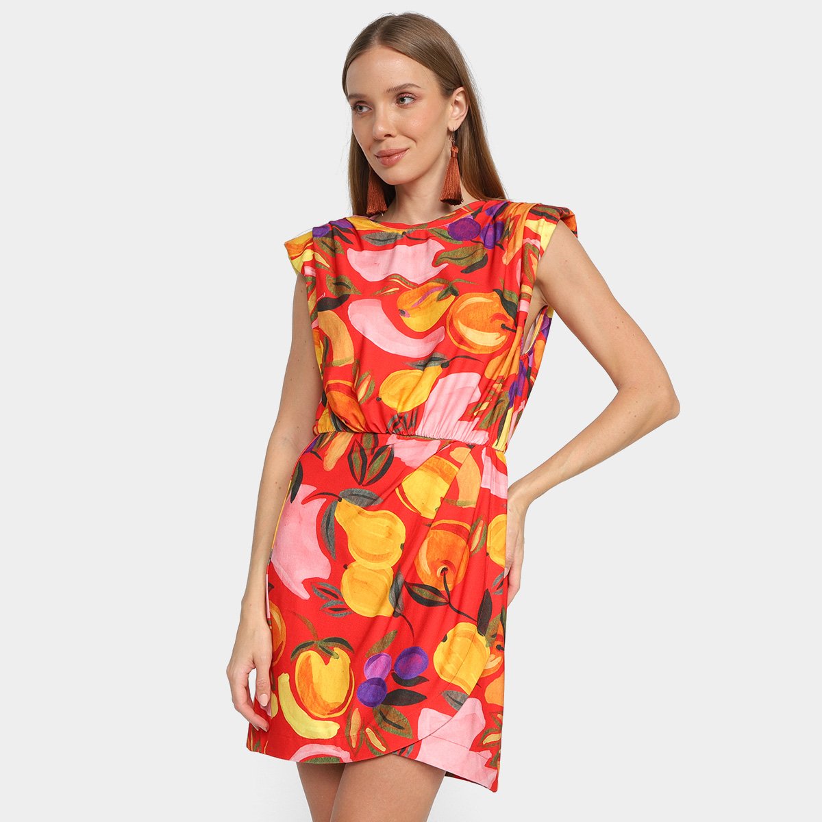 Vestido Curto Farm Ombreira Vento de Fruta - Vermelho Menor preço em Vestido Curto Farm Ombreira Vento de Fruta - Vermelho